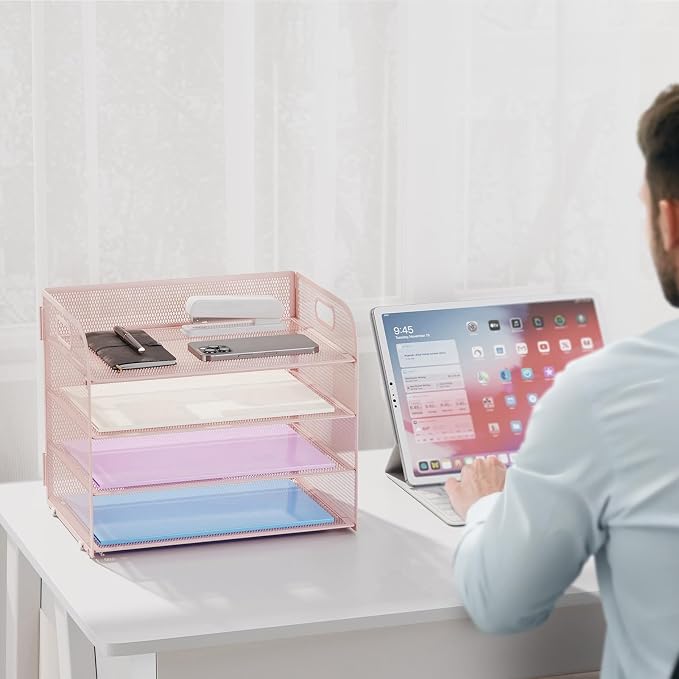 Marbrasse 4 Tier Paper Organizer Letter Tray - Mesh Desk File Organizer with Handle, Paper Sorter Organizer for Letter/A4 Office File Folder Holder (Pink, 12.6" x 9.1" x 10.7")