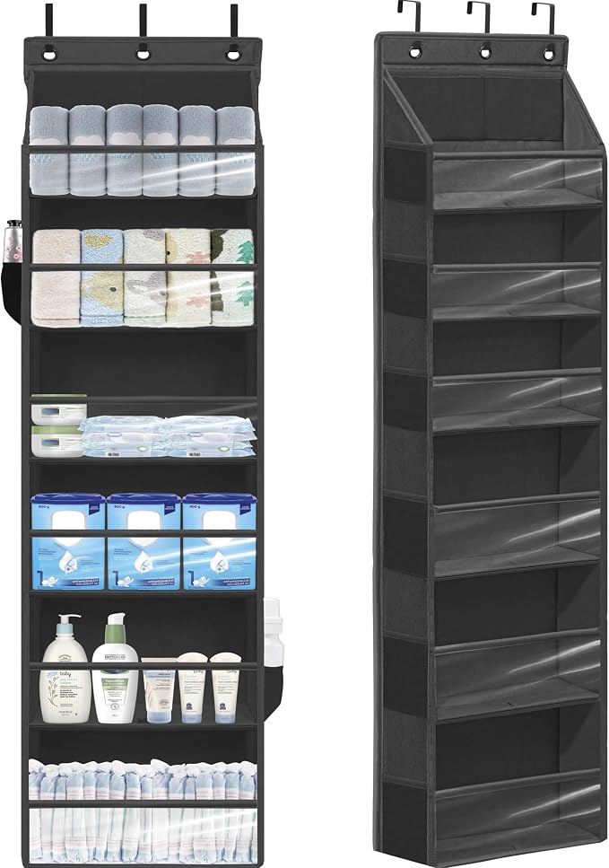 Over Door Organizer with 6 Extra Large Pockets 12 Side Pockets, Sturdy Closet Storage Rack, Hanging Storage Organizer with Clear Window for Shoes, Diapers, Bedroom, Bathroom, Black