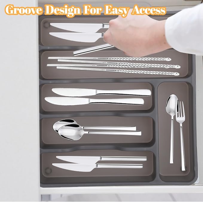 Gray Silverware Organizer with Lid,6 Compartment Flatware Organizer | Plastic Utensil Drawer Organizer for Kitchen and Countertop, Silverware Tray for Knives Forks Spoons Holder Case 12.6x11.8In