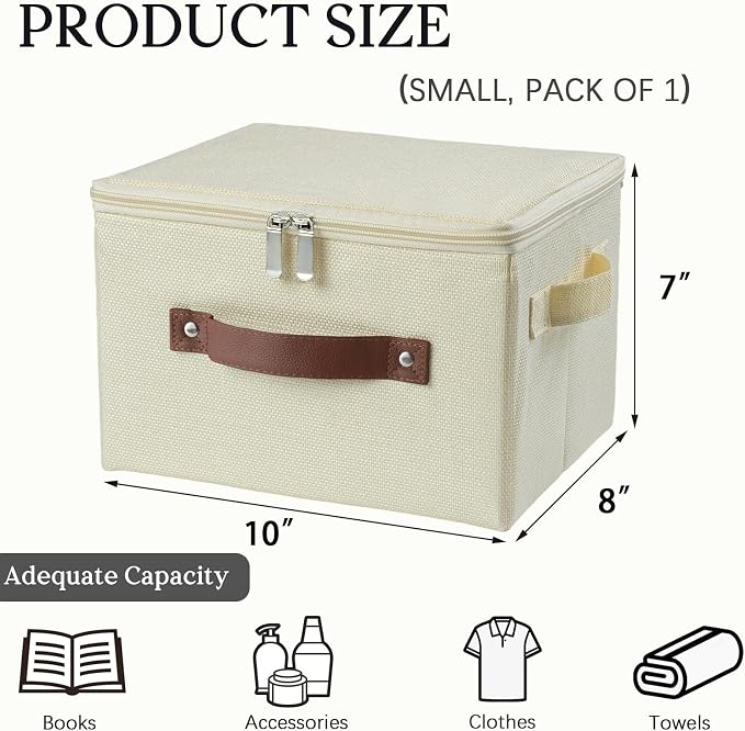 Storage Bins with Zipper Lid Foldable Fabric Lidded Storage Boxes Baskets Cubes Washable Collapsible PU Leather Handle Cotton Linen Shelf Fabric Closet Organizer Container(Beige, Small Size)