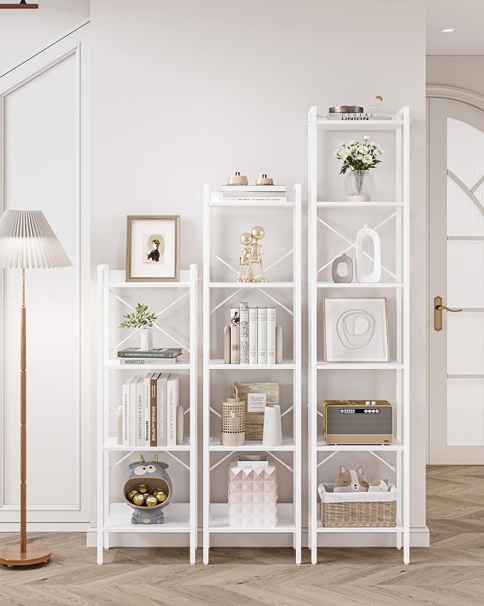 Hzuaneri Bookshelf, Book Shelf, Industrial Bookcase with 2 Hooks, Coner Shelf Storage Organizer for Home Office, Living Room, Bedroom, Kitchen, 6-Tier White BC10713W