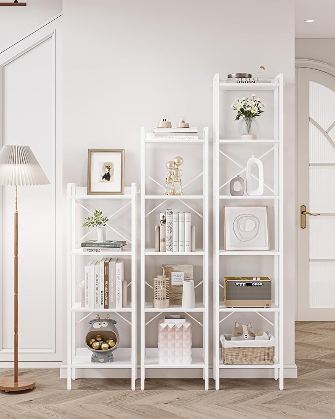 Hzuaneri Bookshelf, Book Shelf, Industrial Bookcase with 2 Hooks, Coner Shelf Storage Organizer for Home Office, Living Room, Bedroom, Kitchen, 5-Tier White BC10513W