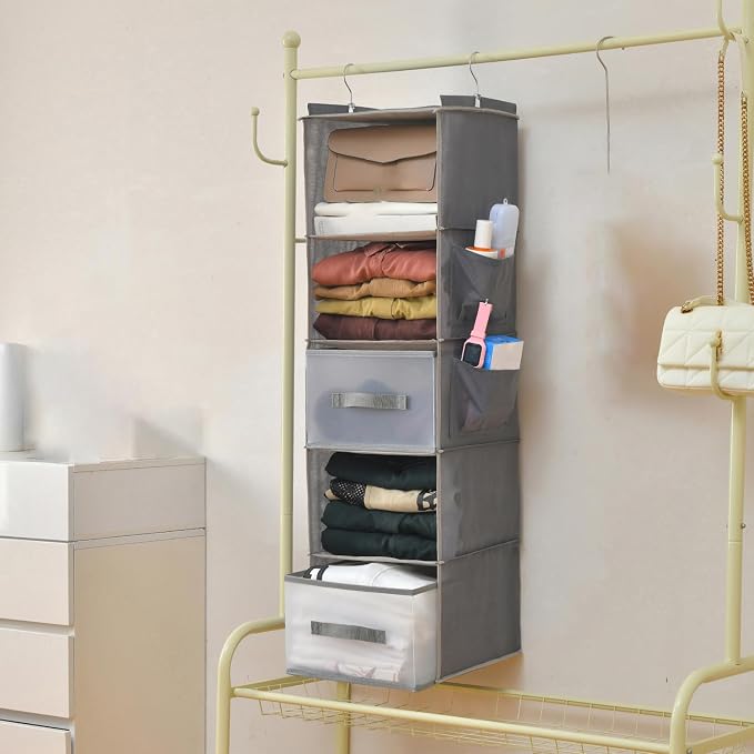 5-Tier Hanging Organizer for Closet, Fabric Closet Organizer with 2 Hooks, 2 Pull-Out Drawers, Foldable Space-Saving Storage (Gray)