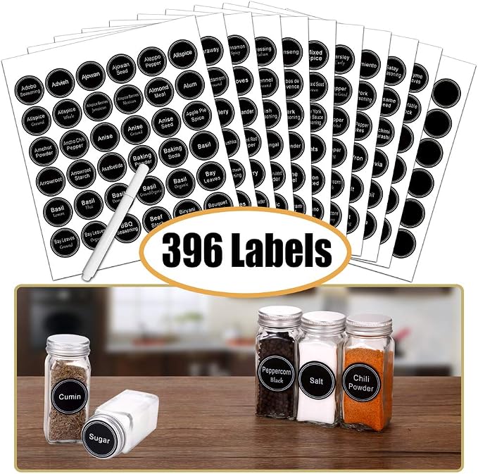 SWOMMOLY Spice Rack Organizer with 24 Empty Glass Spice Jars, 396 Spice Labels with Chalk Marker and Funnel Complete Set, for Countertop, Cabinet or Wall Mount, Black