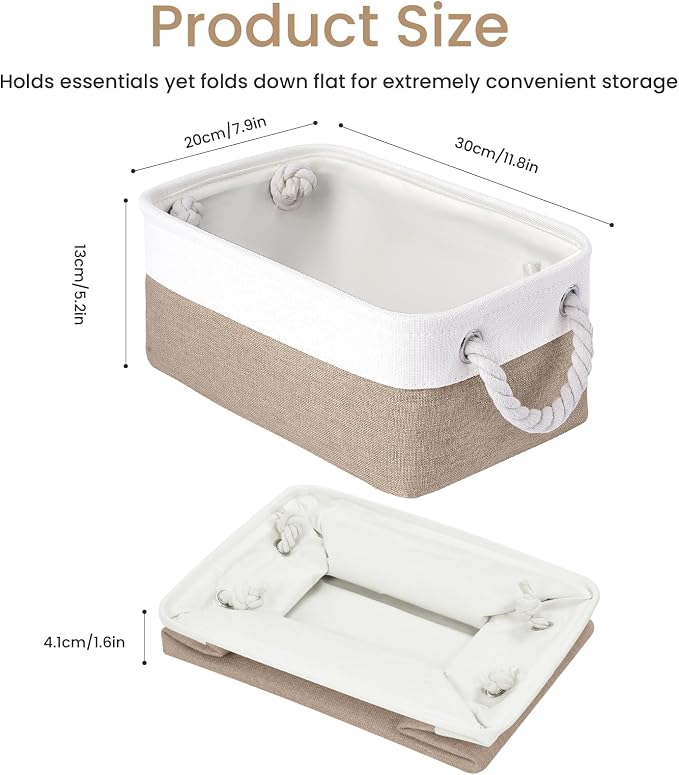 Storage Baskets for Shelves 11.8x7.9x5.2 Inch, Foldable Fabric Storage Bins with Handles, Small Storage Baskets for Organizing Closet, Office, Home Organization (3-Pack, White&Khaki)