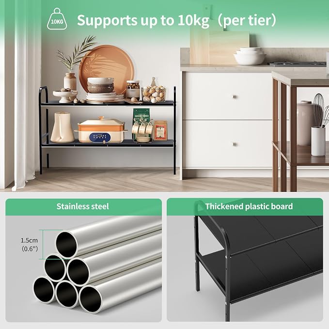 Expandable 2-Tier Under Sink Organizer, 8 Removable Plastic Boards, Tool-Free Installation (Black, 2-Tier 8 Boards)