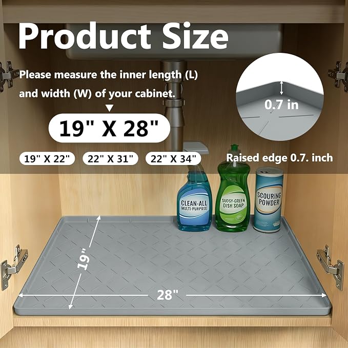 Mateeylife Under Sink Mats for Kitchen Waterproof 28"X19", Undersink Protectors，Silicone Mat Cabinet Liner, Under Sink Organizer for Bathroom and Kitchen，Boot Tray Pet Food Mat, Light Grey