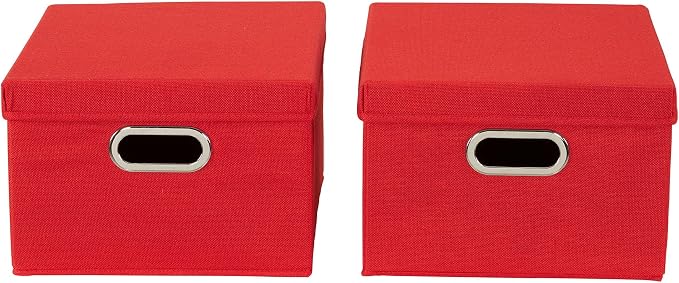 Household Essentials Storage Bins with Lids and Chromed Grommet Handles, Set of 2, Textured Linen Look, Red (Pack of 2)