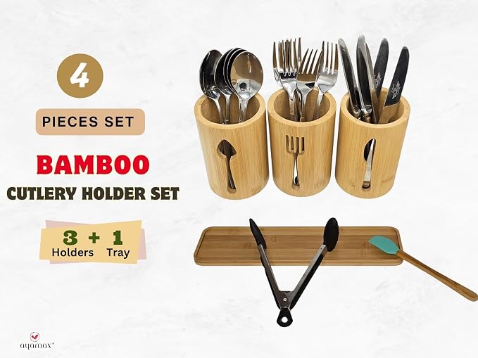 Bamboo Cutlery Holder Set - 3 Kitchen Utensils Holder Organiser with Bamboo Tray | Decorative Kitchen Countertop Stand | Knife, Fork and Spoon Holders