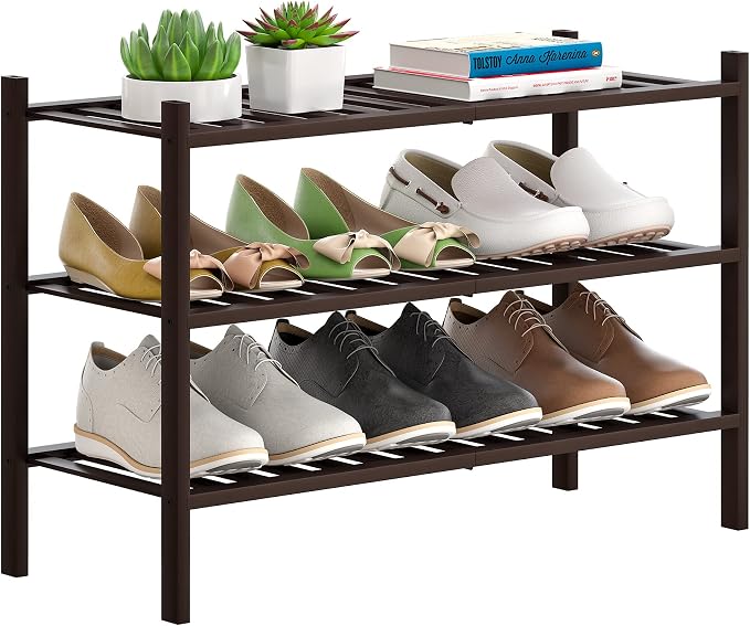 Bamboo Shoe Rack Stackable Shoe Shelf Storage Organizer for Unit Entryway Hallway and Closet Sturdy Freestanding Shoe Shelf(3 Tier Brown)