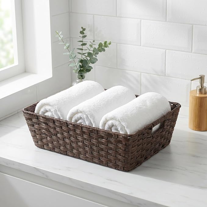 Large 2-Pack Plastic Wicker Storage Baskets, 17"x13"x5.5", Brown | Versatile woven bins for laundry, closet, living room, shelf organization, and even a cat bed – perfect home storage decor.