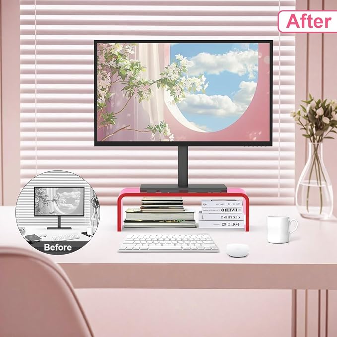 Acrylic Monitor Stand Riser L15''xW7.5''xH4'' Acrylic Laptop Stand Riser for Desk Clear Computer Monitor Stand for Desk Office Organizer for Office Home Bright Pink