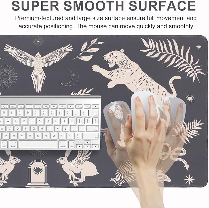 L-SPOUTTO Black Desk Mat for Keyboard and Mouse,Boho XXL Gaming Mouse Pad | Mystical Animals Large 35.4x15.7in Non-Slip Rubber Base Keyboard Pad Desktop Mat for Laptop Computer Work Home Office