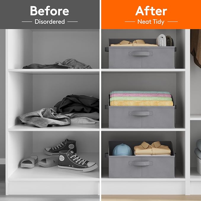 Lifewit Trapezoid Closet Storage Bins for Shelf, 6 Packs Non-woven Closet Organizer Baskets with Handles, Foldable Clothes Containers Boxes for Clothing, Book, Purse, 19L, Large, Gray