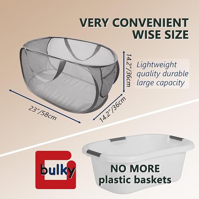 Pop Up Laundry Hamper,Collapsible Horizontal Baskets with Handles & Side Pocket,Foldable Sturdy mesh for Laundry Room,Bathroom,Kids Room,College Dorm or Travel (Grey)