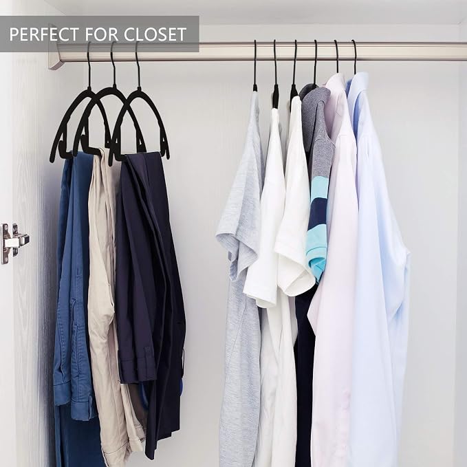 MIZGI Premium Velvet Hangers 50 Pack Heavyduty- Non Slip No Shoulder Bump Suit Hanger - Black Hooks,Space Saving Clothes Rounded Shape for Coat,Sweater,Jackets,Pants