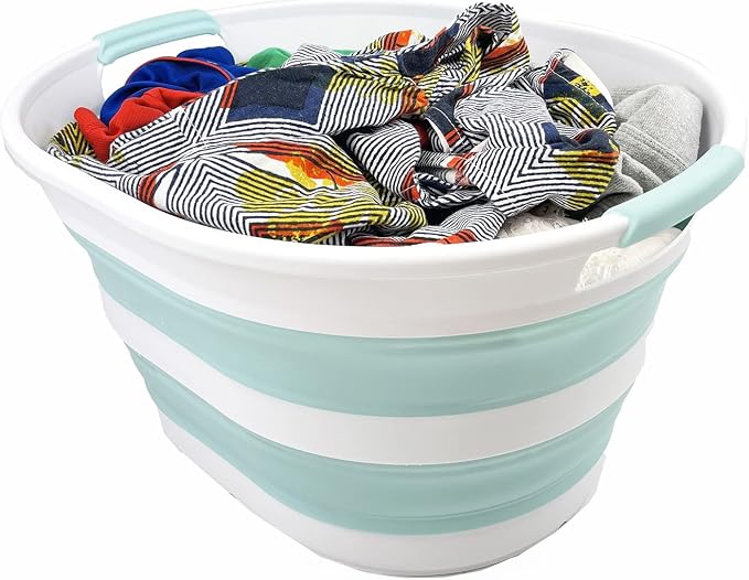 SAMMART 23L (6 Gallons) Collapsible Plastic Laundry Basket - Oval Tub/Basket - Foldable Storage Container/Organizer - Portable Washing Tub (White/Lake Green (Set of 2))