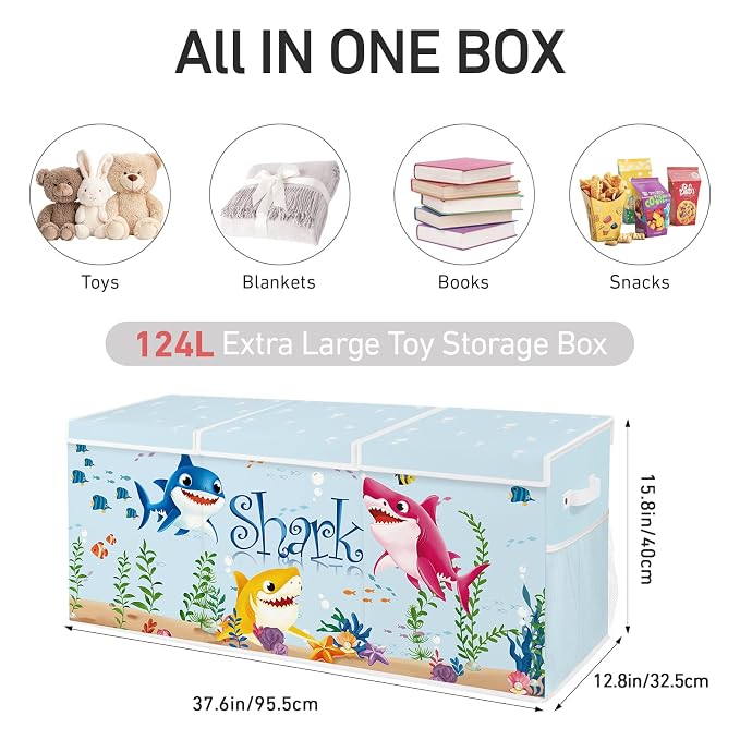 Extra Large Collapsible Toy Box with Lids, Sturdy Storage Organizer for Kids, 38"x16"x13" Toy Chest for Playroom, Nursery, Bedroom, Living Room (Sharks)