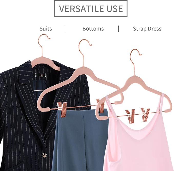 MIZGI Premium Velvet Pants Hangers with Clips (Pack of 30) Slim Skirt Hangers- Non Slip Felt Outfit Dress Hangers Blush Pink - Copper/Rose Gold Hooks,Space Saving Shirt Clothes Hangers