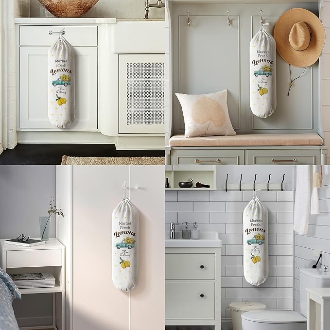Hglian Farmhouse Grocery Bag Holder Cute Market Fresh Lemons Buffalo Check Truck Plastic bag Storage Organizer