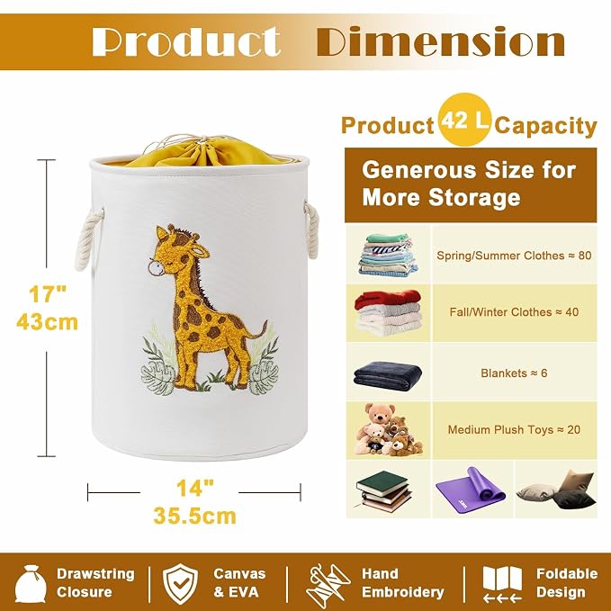 Kids Laundry Basket Baby Hamper for Nursery, Canvas Dirty Clothes Hampers with Drawstring Closure, Jungle Theme Baby Basket, Animal Baskets for Toys Laundry Hamper, Safari Nursery Decor, Giraffe