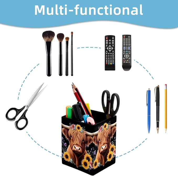 Pen Holder for Desk, Highland Cow Pencil Holder, Pen Cup Functional Desk Organizer for Office Supplies
