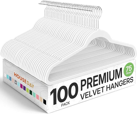 HOUSE DAY Premium Velvet Hangers 100 Pack White, Non-Slip Flocked Felt Hangers, Sturdy Clothes Hanger with 360° Rotatable Hook, Heavy Duty Durable Slim Coat Hanger for Closet Space Saving