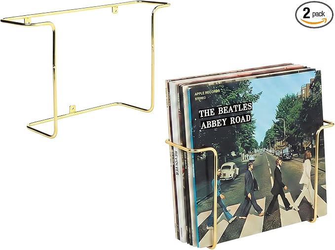MyGift Modern Metal Wire Wall Mounted Vinyl Records Storage Racks, Hanging LP Record Holders, Floating Album Cover Display Shelves, Set of 2 (Brass-2 Pcs)