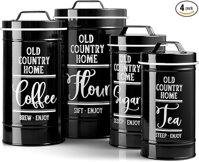 DAYYET Black Canisters Sets for the Kitchen, Airtight Kitchen Canisters for Countertop, Flour and Sugar Containers, Tea Coffee Sugar Canister Set, Black Kitchen Decor and Accessories, Set of 4