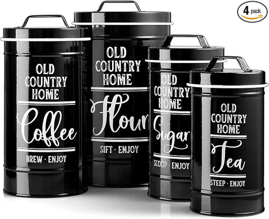 DAYYET Black Canisters Sets for the Kitchen, Airtight Kitchen Canisters for Countertop, Flour and Sugar Containers, Tea Coffee Sugar Canister Set, Black Kitchen Decor and Accessories, Set of 4