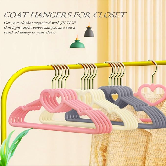 Velvet Hangers 50 Pack,16 Inch Non Slip Adult Heart Hanger (Pink) | 360° Swivel Hooks, Cascade Design, Space Saving