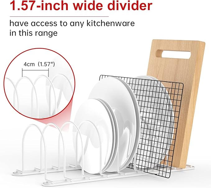 JAQ Plate Rack for Cabinet, 10.5" Vertical Dish Organizer for Plates, Pot Lids, Cutting Boards & Baking Sheets, Metal Kitchen Cabinet Organizer (1-Pack, White)