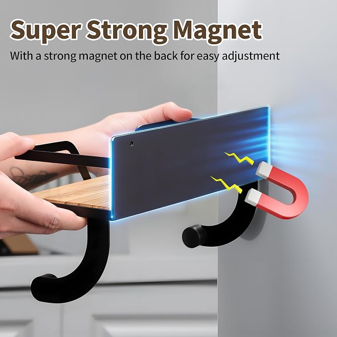 SUNTECH Black Magnetic Paper Towel Holder with Shelf, for Fridge, 11.8 in | Wood Base, Raised-Edge Design, 10 lbs Load, Magnetic or Screw Mount, Holds Spices, Toiletries, Fits Kitchen, Bathroom, RV