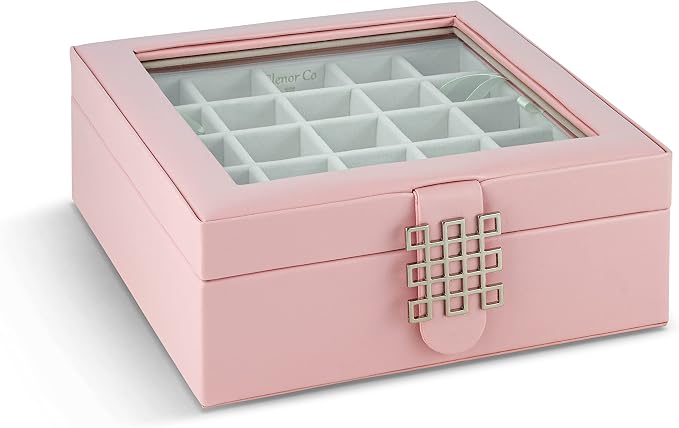 Glenor Co Earring Organizer - Classic 50 Section Jewelry Box/Case/Holder for Earrings, Rings, Necklaces, Jewelry, Cufflinks or Collections -2 Layer Small Compartments with Large Glass Top - Soft Pink
