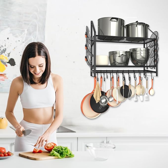 VyGrow 28 Inch Pot Rack Wall Mounted, 2 Tier Pots and Pans Organizer with 20 Hooks and 6 Pot Lid Holders, Heavy Duty Steel Pot and Pan Hanger for Kitchen Cookware Utensils Storage 34.7" Lx13 Wx26.4 H