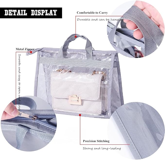 fazhongfa 2PCS Dust Bags for Handbags Clear Purse Storage Organizer Non-Woven Hanging Bag Closet with Zipper and Handle (Large, Light Grey)