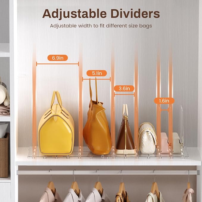 Purse Organizer for Closet, Adjustable Clear Handbag Storage Holder, Acrylic Purse Organizer for Closet Organization, Shelf Divider, Perfect for Bedroom, Living Room, Home