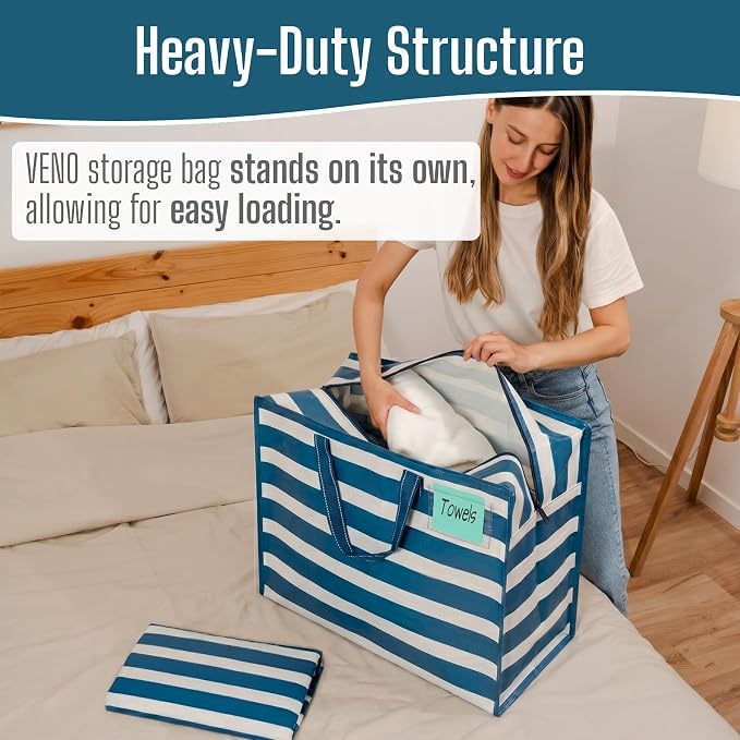 VENO 4 Pack Heavy Duty Moving Bags, Storage Bags, Packing Supplies, Top Zipper, Storage Totes for Camping, Clothes, Bedding, Comforters, Pillows (22 Gallon, Classic Navy Stripe, 4 Pack)