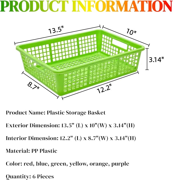 6 Pack Plastic Turn in Paper Trays for Classroom, Colorful Storage Bin Basket Organizers for School Supplies, Classroom Organization and Storage Tray Holds 4A Paper