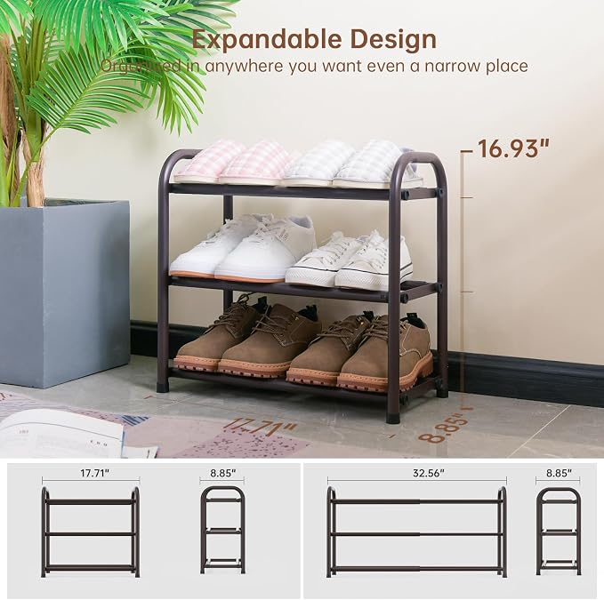 Gonfoam Shoe Rack for Closet, Expandable Shoe Organizer Storage Shelf, Adjustable Metal Free Standing Small Closet Shoe Rack for Entryway, Doorway (3-Tier Bronze)