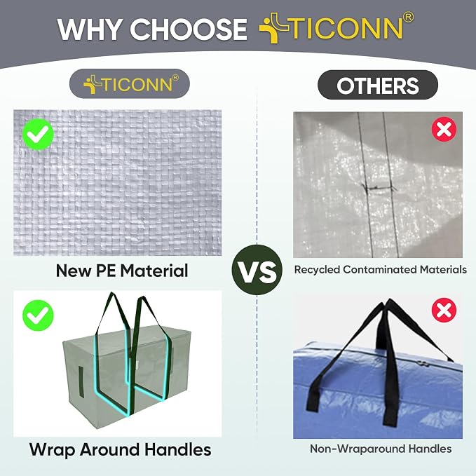 TICONN 6 Pack Extra Large Moving Bags Heavy Duty with Zippers & Carrying Handles, Durable Storage Bags Moving Boxes for Closet Organizers and Storage (6 Pack, Olive)
