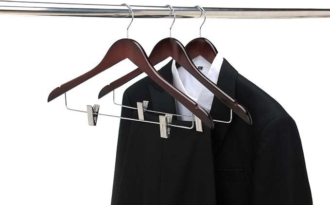 Quality Wooden Skirt Hangers with Clips 80-Pack Mahogany Pants Hangers with Adjustable Chrome Metal Clips, Swivel Hook, Coat, Jacket, Blouse Suit Hangers (Mahogany, 80)