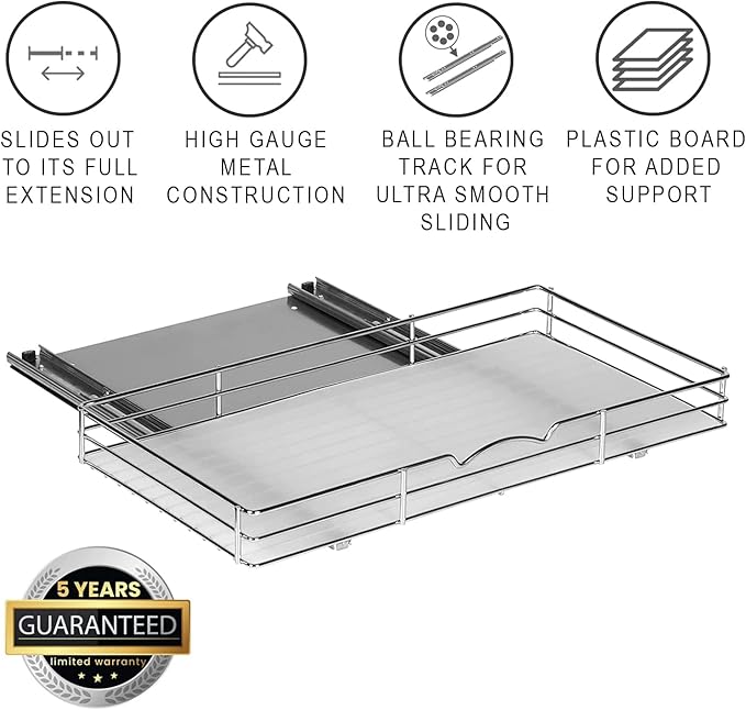 Pull-Out Cabinet Spice Rack Organizer, 20 ⅜"W x 10 ⅜"D x 2 ¾"H | Slim Slide-Out Storage for Spices, Bottles & Jars, Premium Heavy-Duty Steel, Easy Install for Narrow Kitchen Cabinets, Chrome