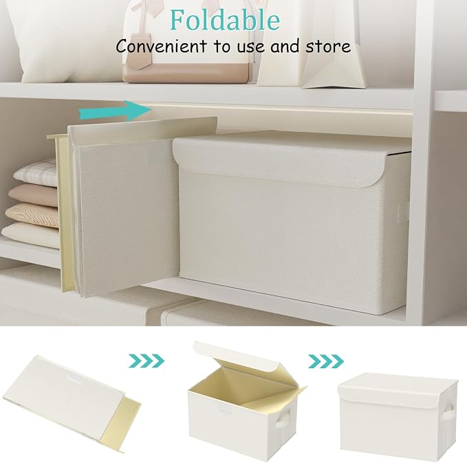 Foldable Storage Bins, Closet Boxes, 4 Pack, Beige, 13x9x7.9 In | Cube Organizer Basket with Flip-Top Lid and 2 Handles, Decorative Boxes for Shelves with Cover for Clothes, Towels, Blanket