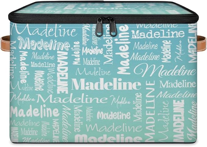 Custom Storage Basket with Name, Personalized Keepsake Box with Zipper Lid, Foldable Fabric Memory Bin Large capacity with Handle Grey Blue Green
