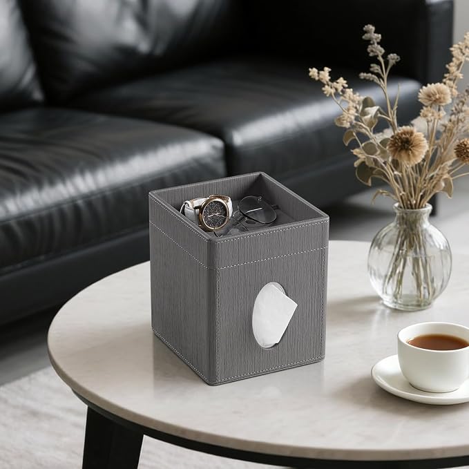 Tissue Box Cover, PU Leather Square Tissue Box Holder with Storage Tray for Bathroom Vanity Countertop Night Stands Bedroom Office Desk, Stylish Tissue Holder Decorative Organizer (Gray)