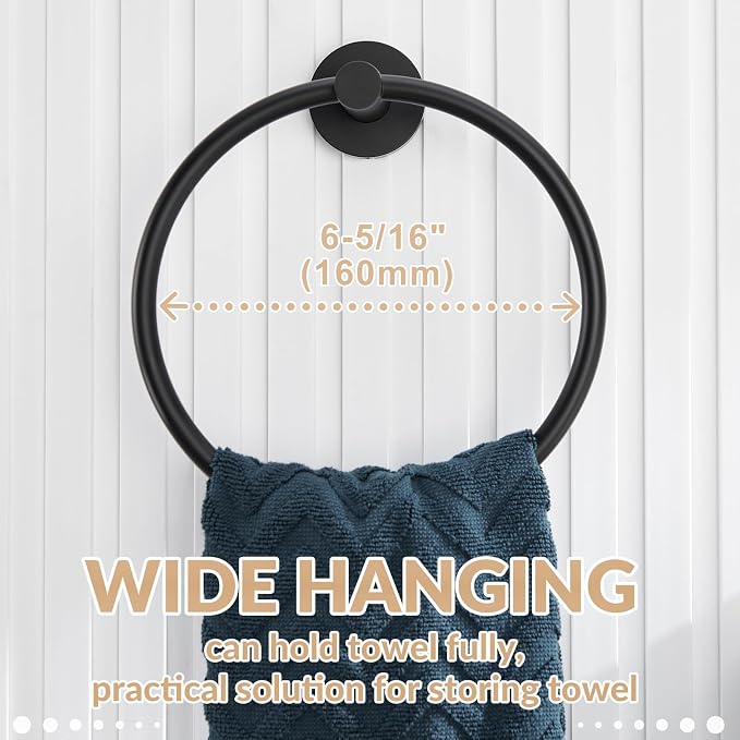 APLusee Matte Black Towel Ring Wall Mounted, Hand Towel Holder for Bathroom, Solid Stainless Steel Round Wall Hanger