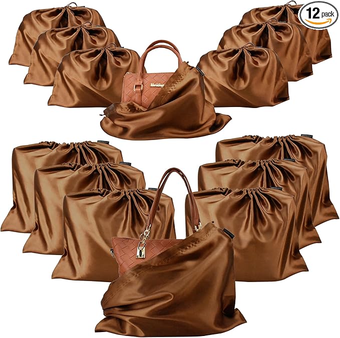 GONGKANGYUAN 12 Pcs Dust Bags for Purses and Handbags Satin Purse Storage Organizer With Drawstring Closure Handbag Protector (Brown)
