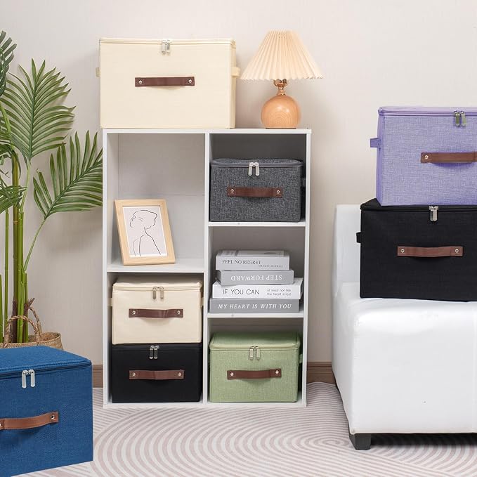 Storage Bins with Zipper Lid Foldable Fabric Lidded Storage Boxes Baskets Cubes Washable Collapsible PU Leather Handle Cotton Linen Shelves Closet Organizer Container(Purple, Large Size)