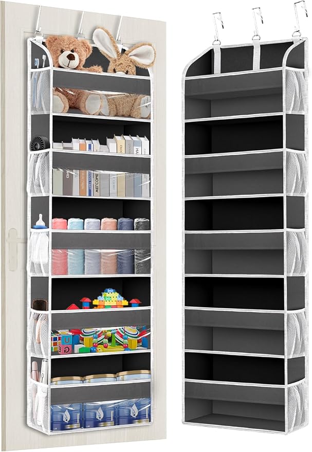 TAHAVICE Over the Door Organizer Storage, 5 Large & 10 Mesh Pockets | Hanging Organizer Closet College Dorm Essentials for Girls, Storage for Dorm Organization, Nursery & Bedroom (Dark Grey)